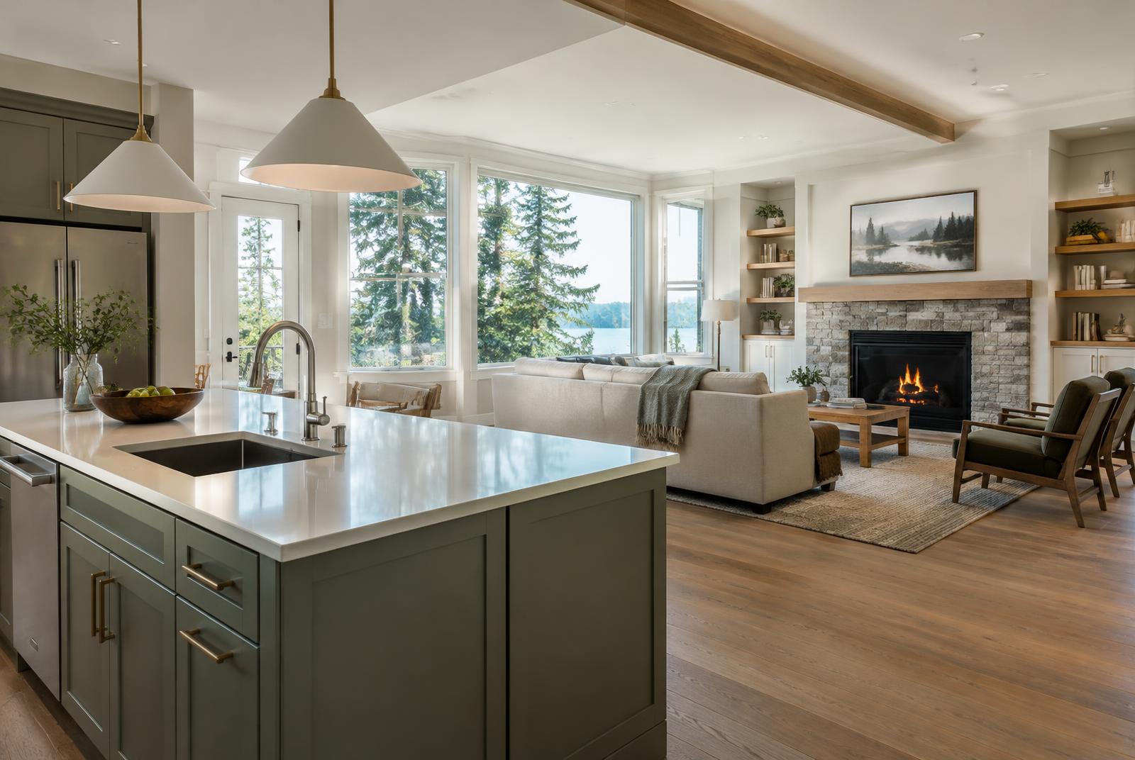 Renovated home interior with new flooring and kitchen fixtures